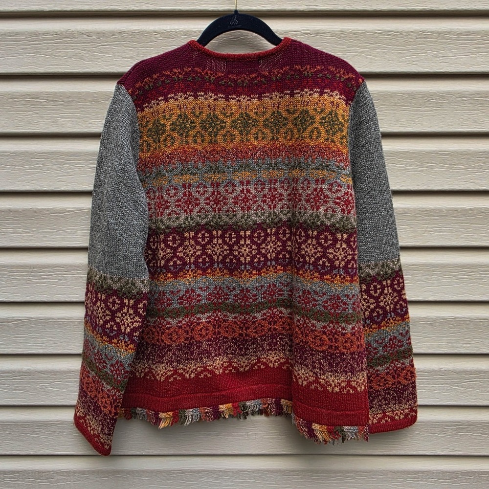 VTG Nordic Scandinavian Wool Cardigan Womens L Fair Isle Zip Fringe Cottage - Picture 2 of 10